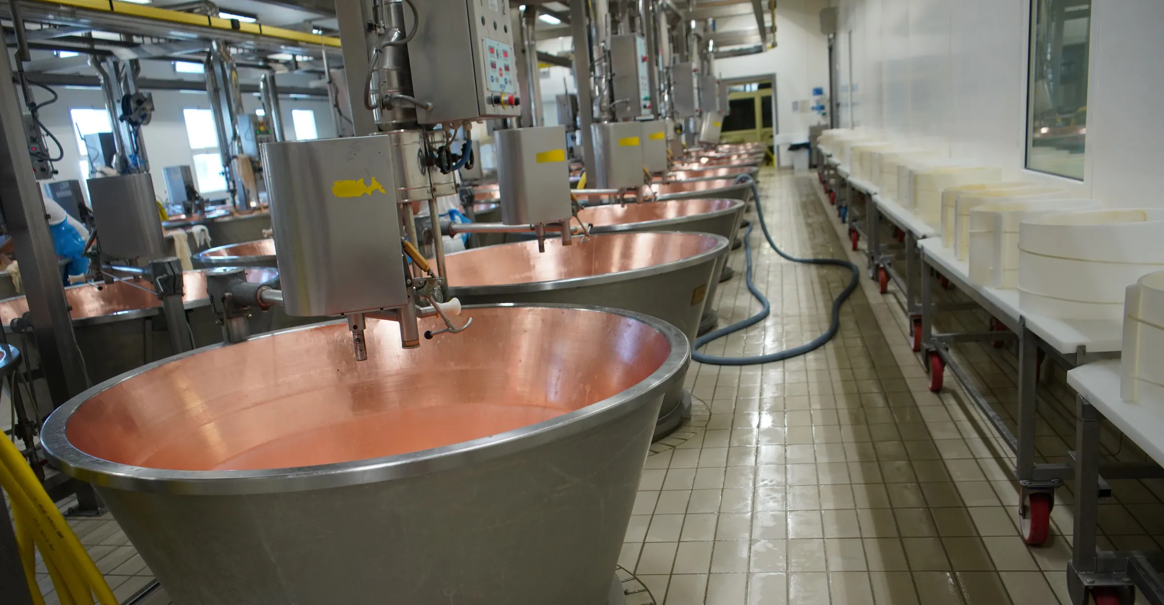 Reihe von Kupferkesseln in der Käserei